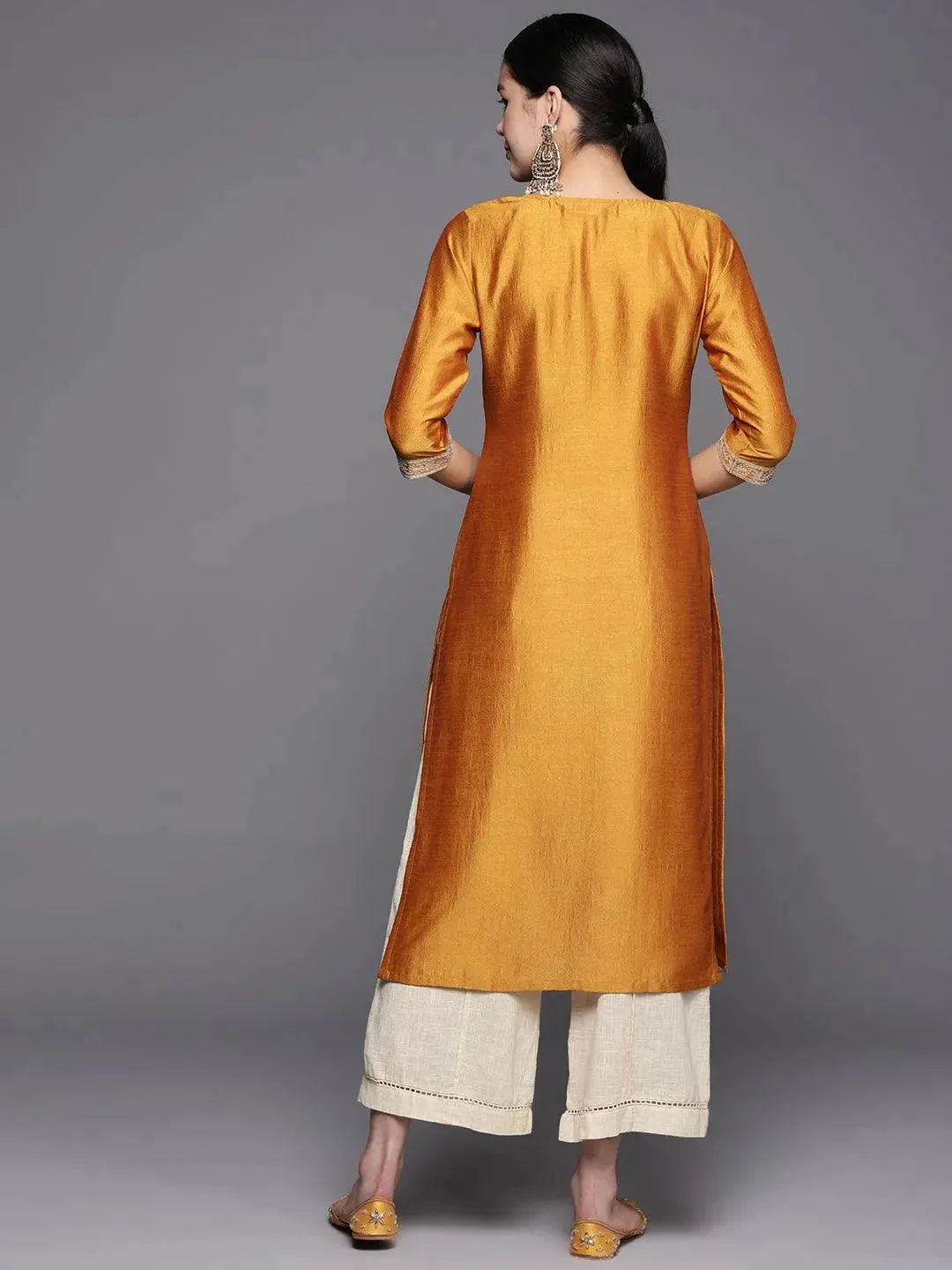 Mustard Yoke Design Silk Straight Kurta