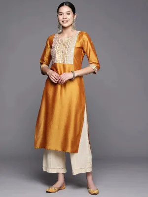 Mustard Yoke Design Silk Straight Kurta