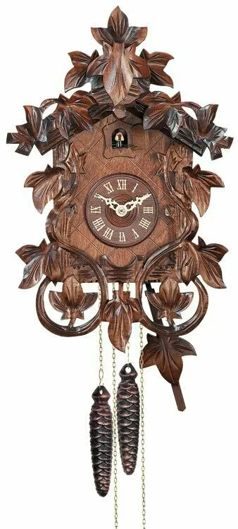 One Day Hand-carved Cuckoo Clock with Intricate Leaves & Vines