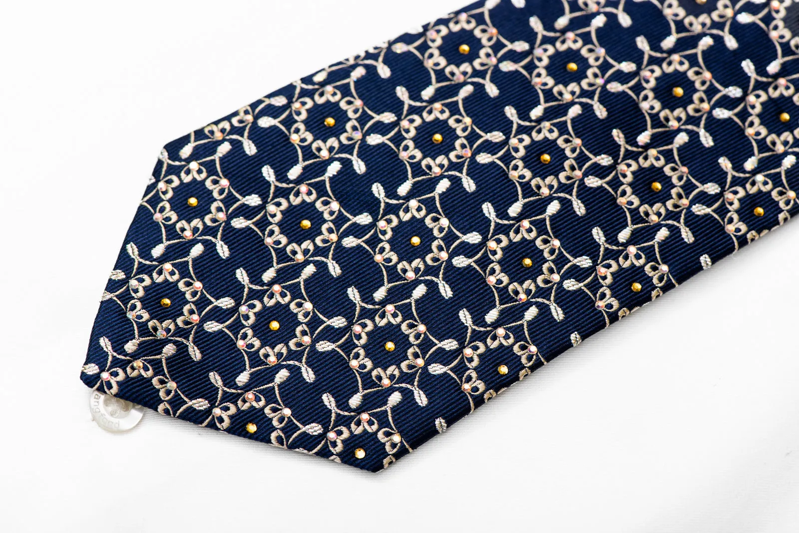 Ornate Gold Design On Navy Blue Rhinestone Silk Necktie With Sparkles