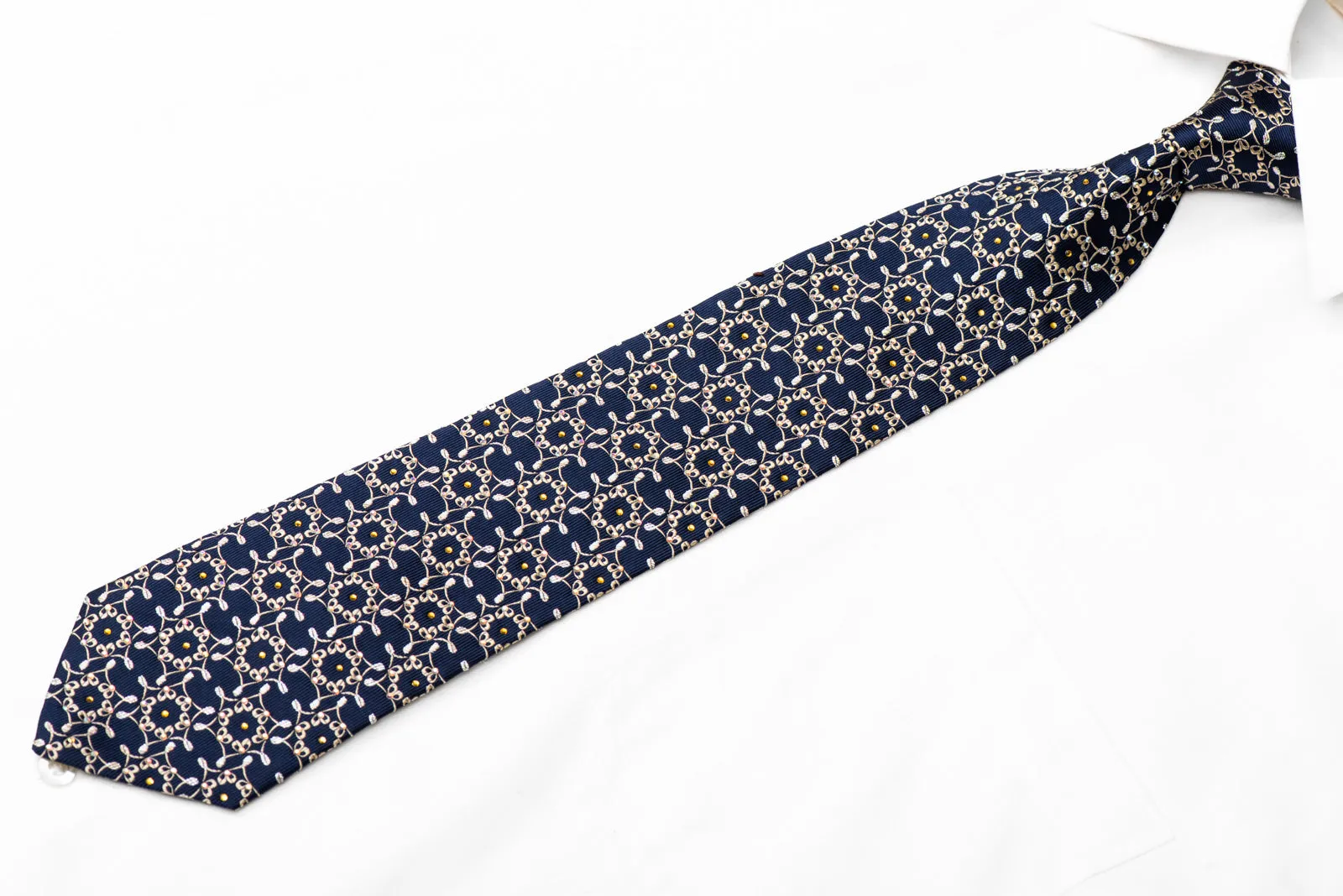 Ornate Gold Design On Navy Blue Rhinestone Silk Necktie With Sparkles