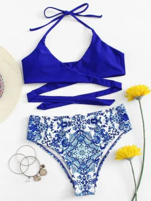 Ornate Print Crisscross Halter Bikini Set