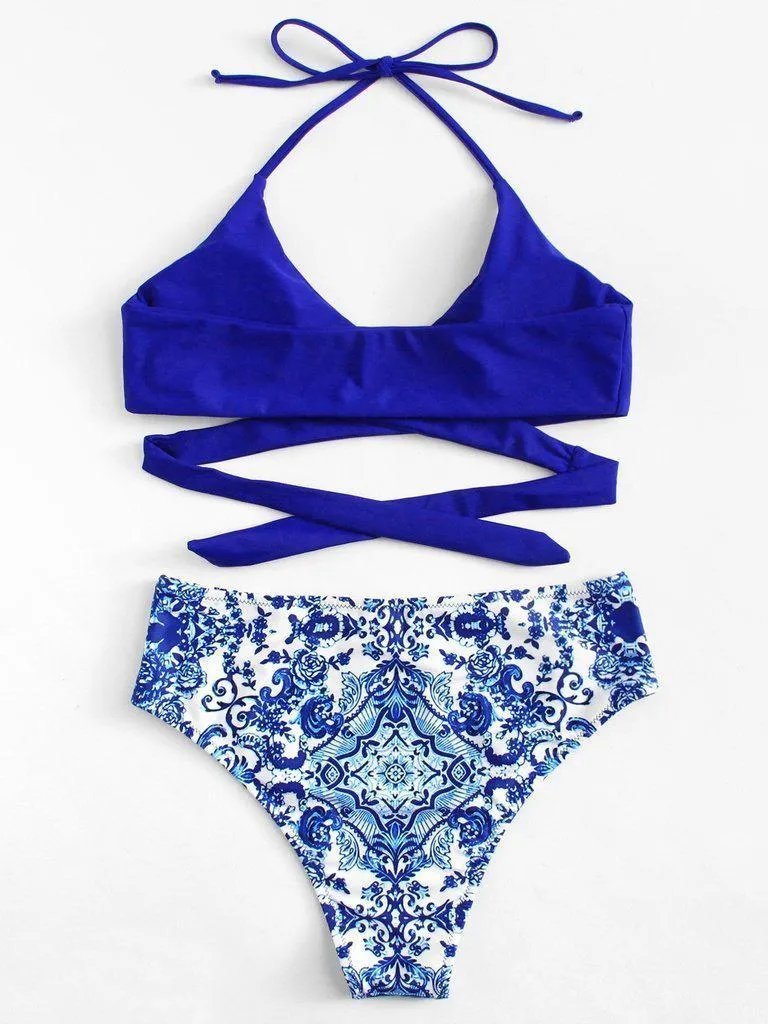 Ornate Print Crisscross Halter Bikini Set