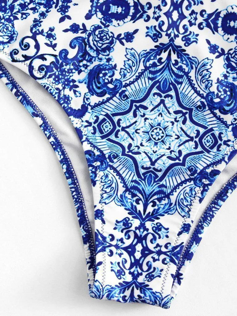 Ornate Print Crisscross Halter Bikini Set