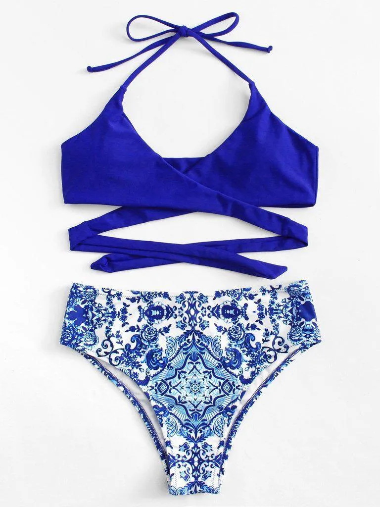 Ornate Print Crisscross Halter Bikini Set