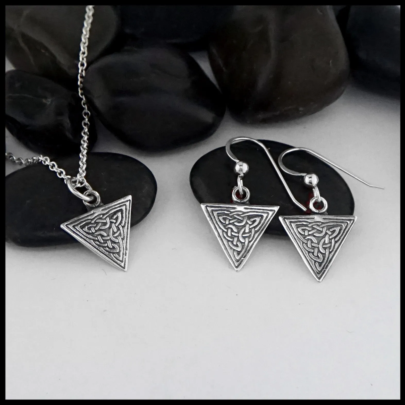 Ornate Triangle Celtic Knot Pendant and Earring Set