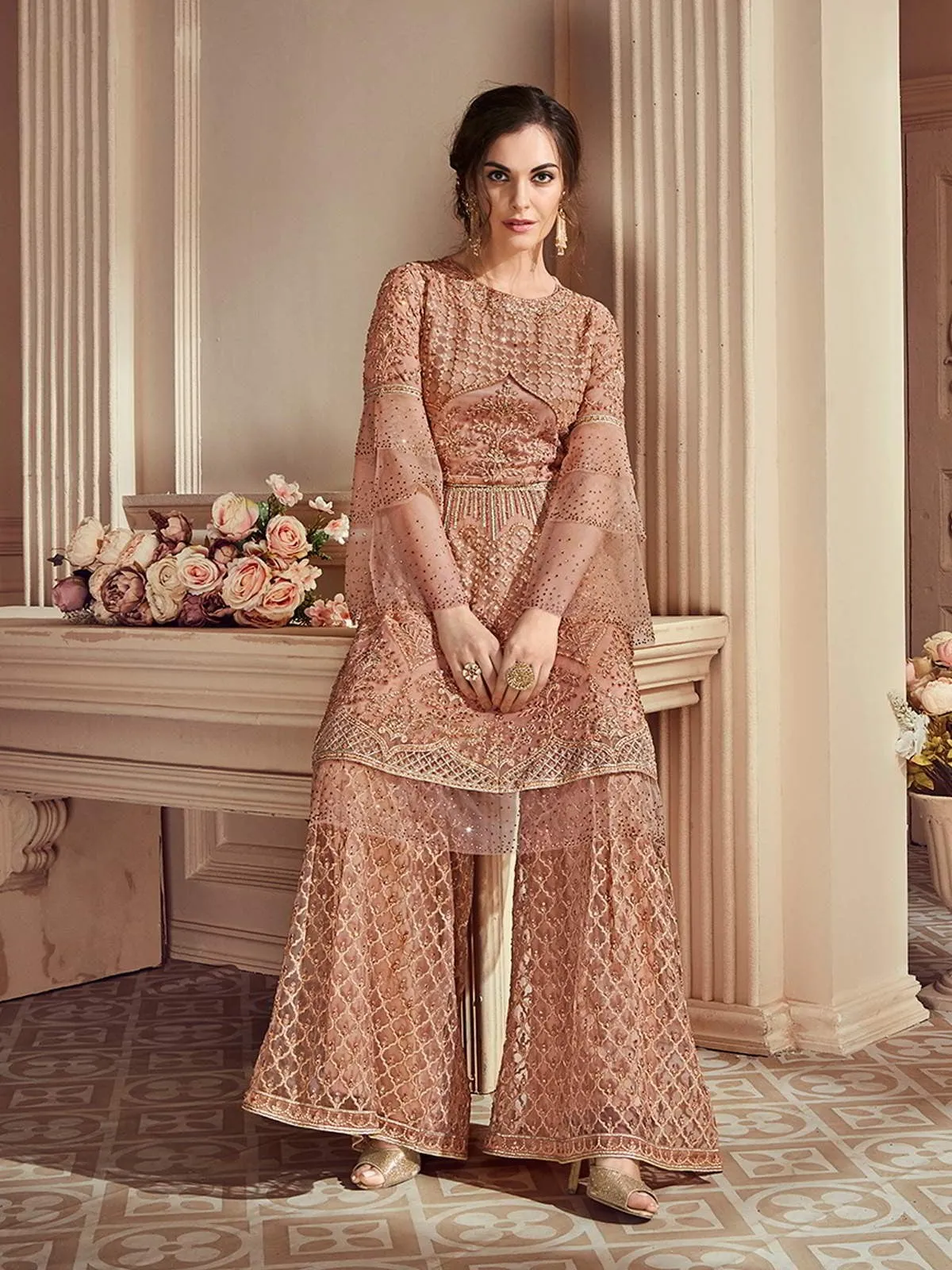 Peach Intricately Embroidered Pakistani Palazzo Suit