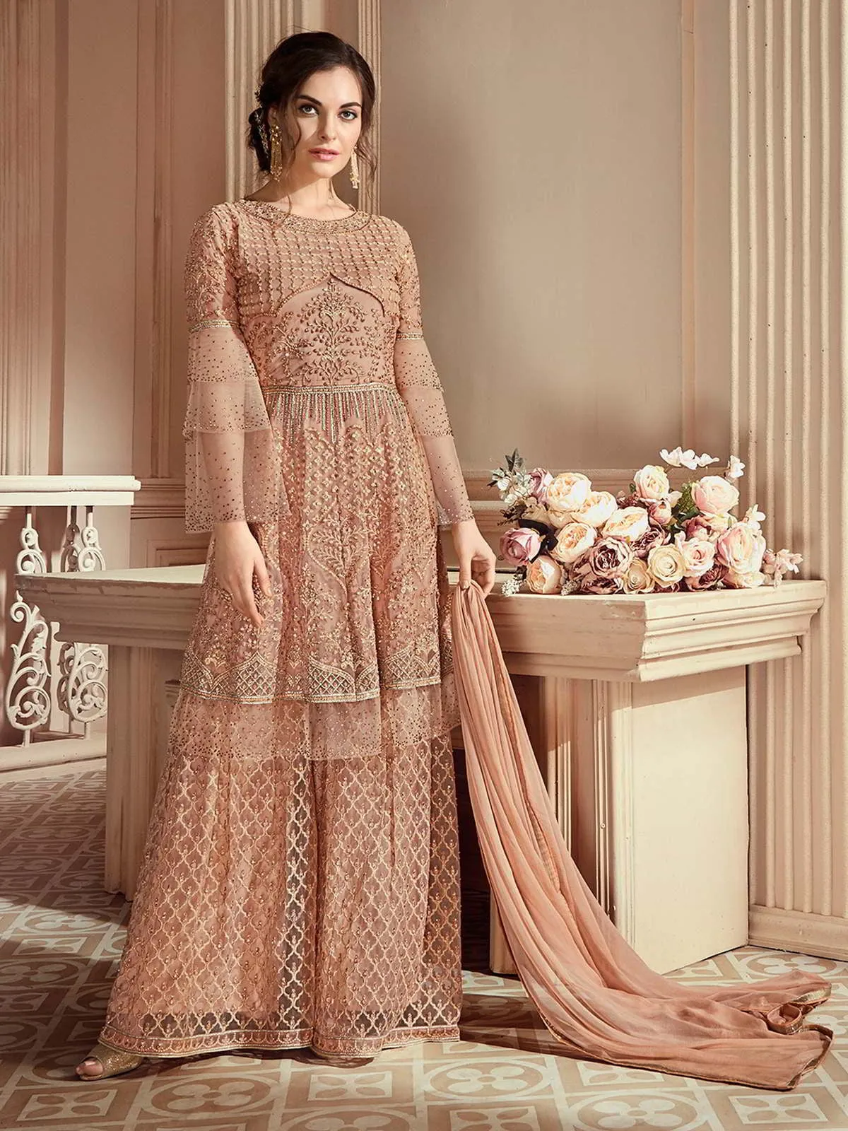 Peach Intricately Embroidered Pakistani Palazzo Suit