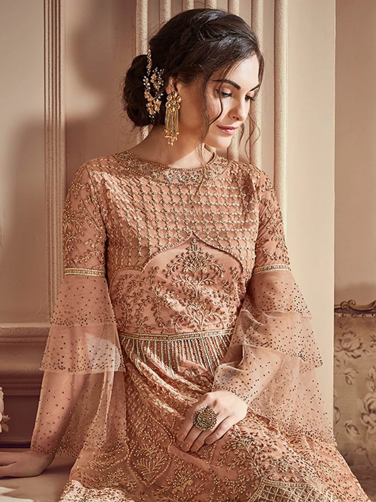 Peach Intricately Embroidered Pakistani Palazzo Suit