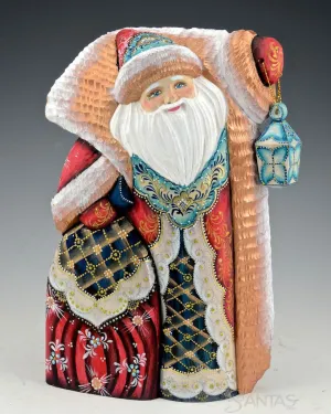 Red and Gold Frosted Russian Santa with Lantern