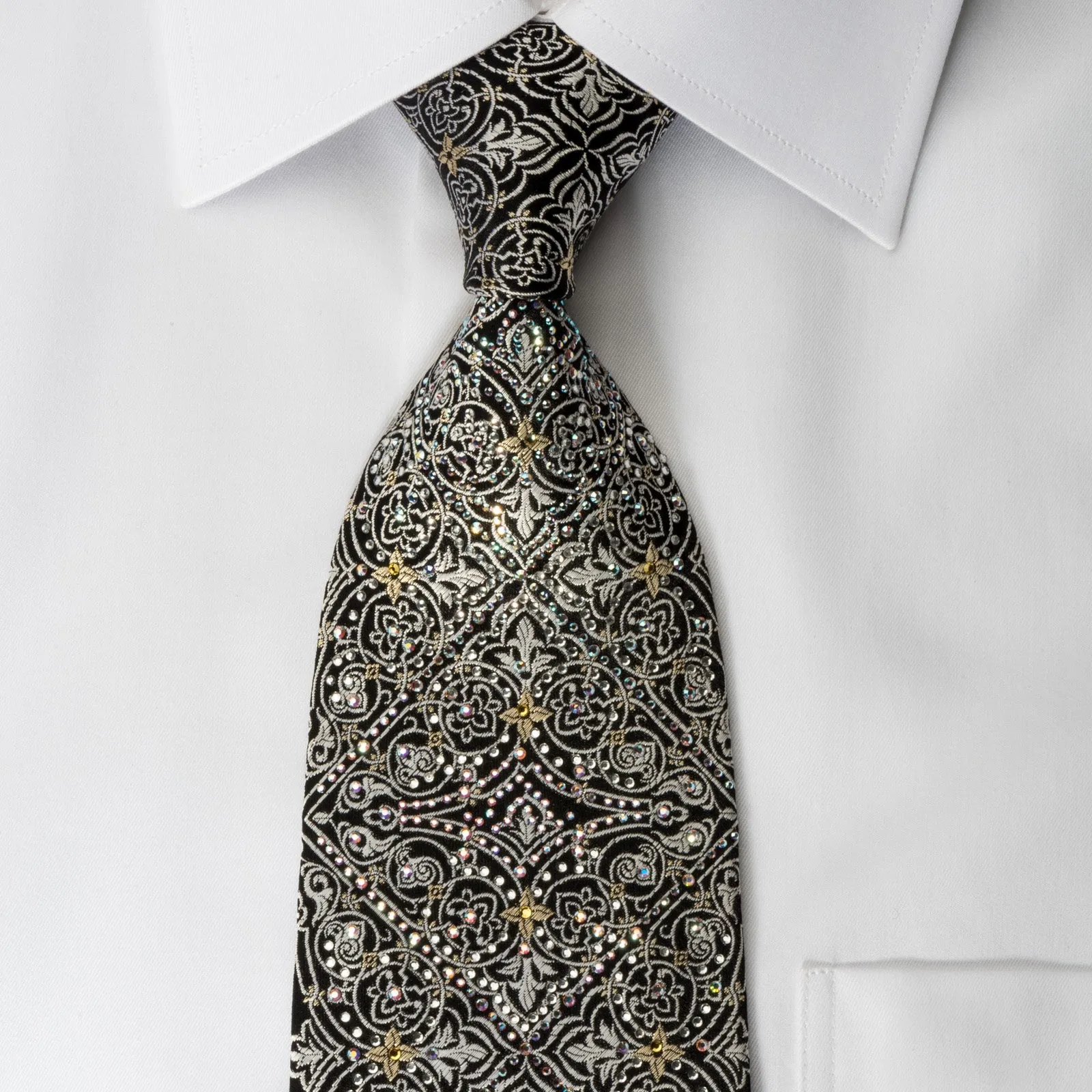 Renoma Rhinestone Necktie Silver Flur De Lis On Black Gold Label