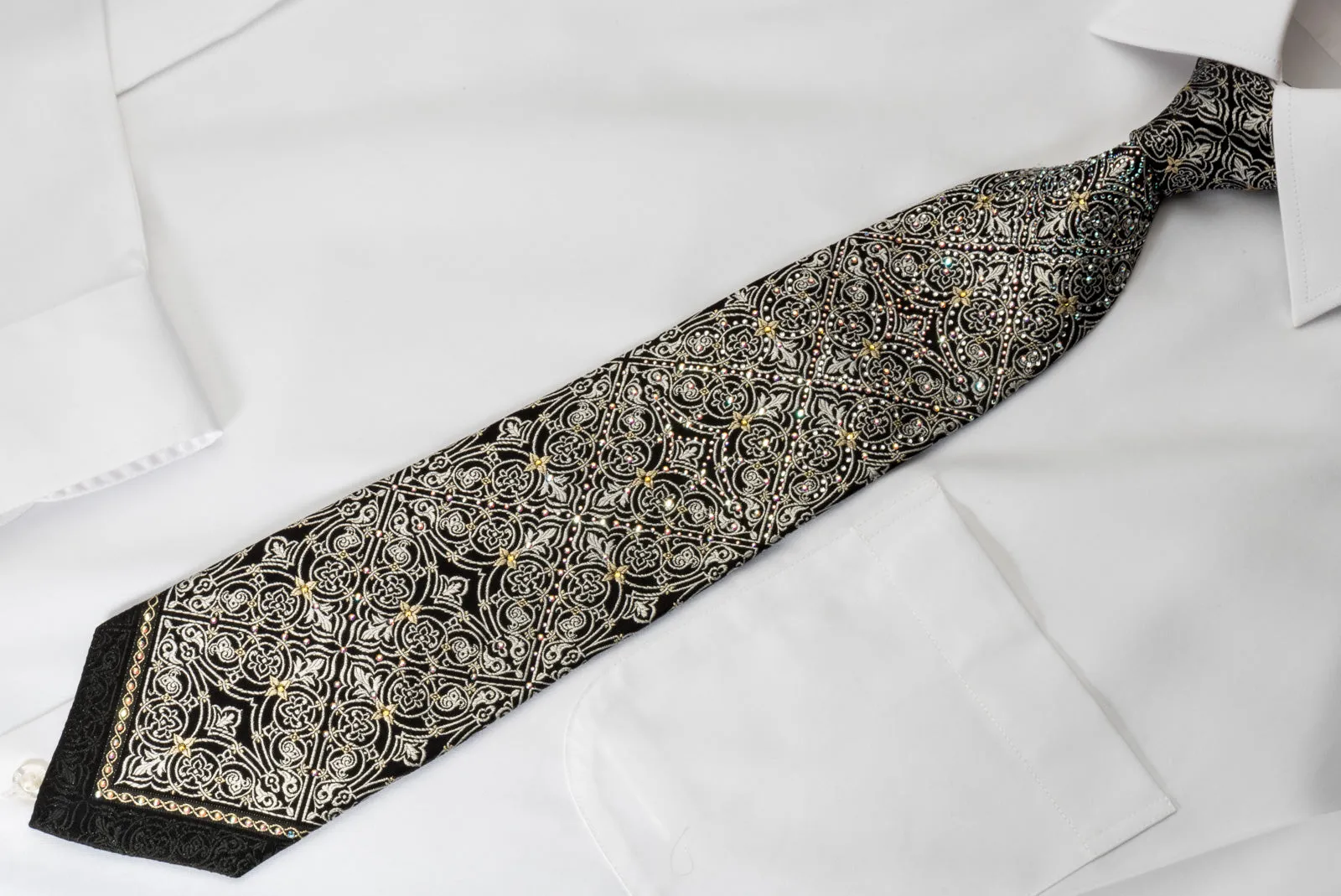 Renoma Rhinestone Necktie Silver Flur De Lis On Black Gold Label