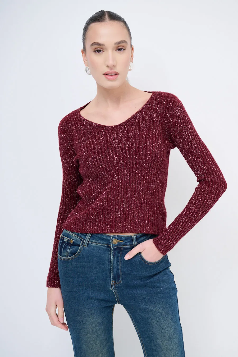 Ribbed glitter knit top with scoop neckline wholesale