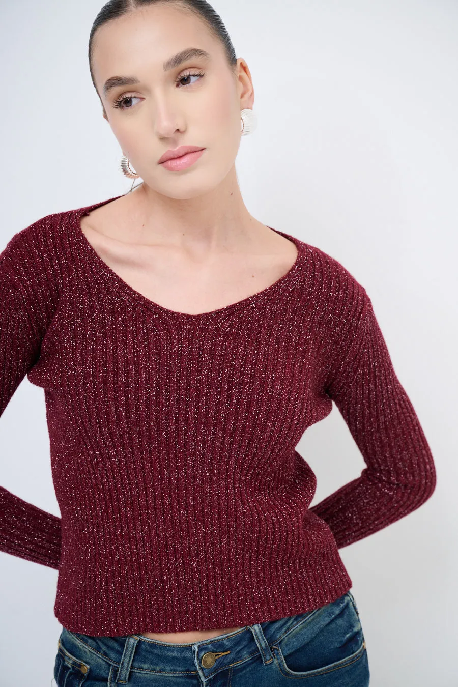 Ribbed glitter knit top with scoop neckline wholesale