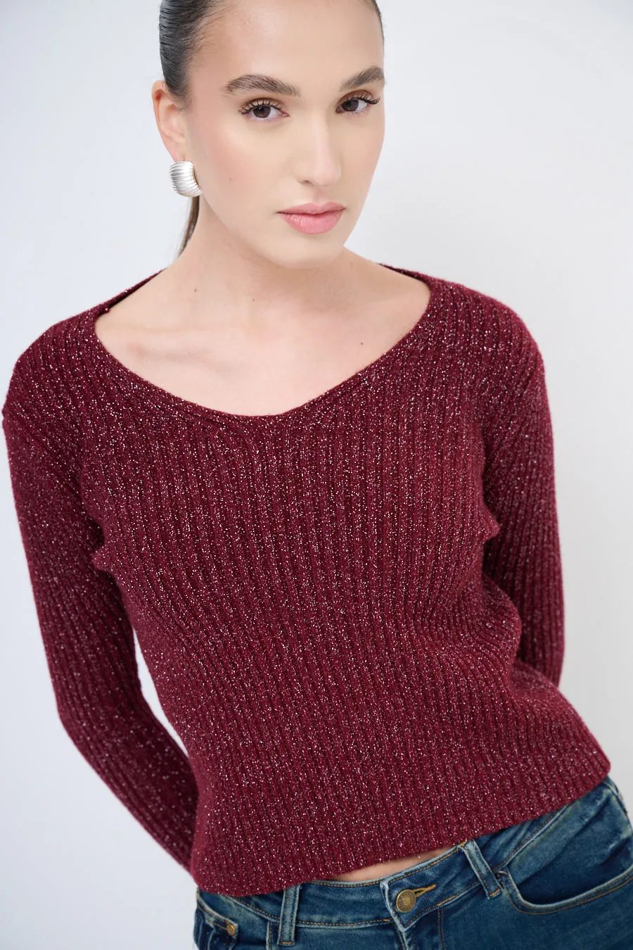 Ribbed glitter knit top with scoop neckline wholesale