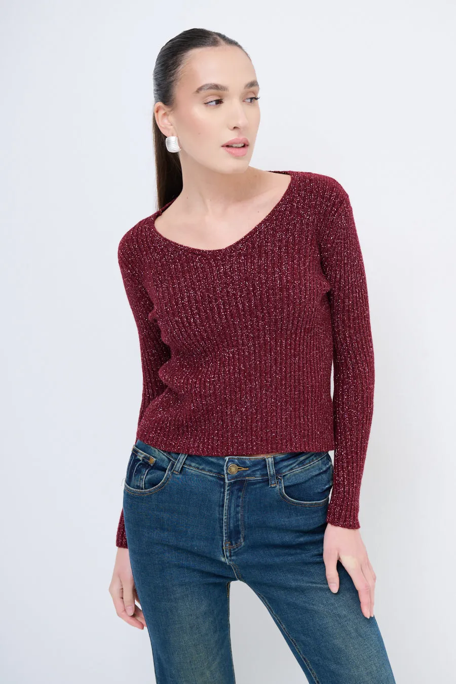 Ribbed glitter knit top with scoop neckline wholesale