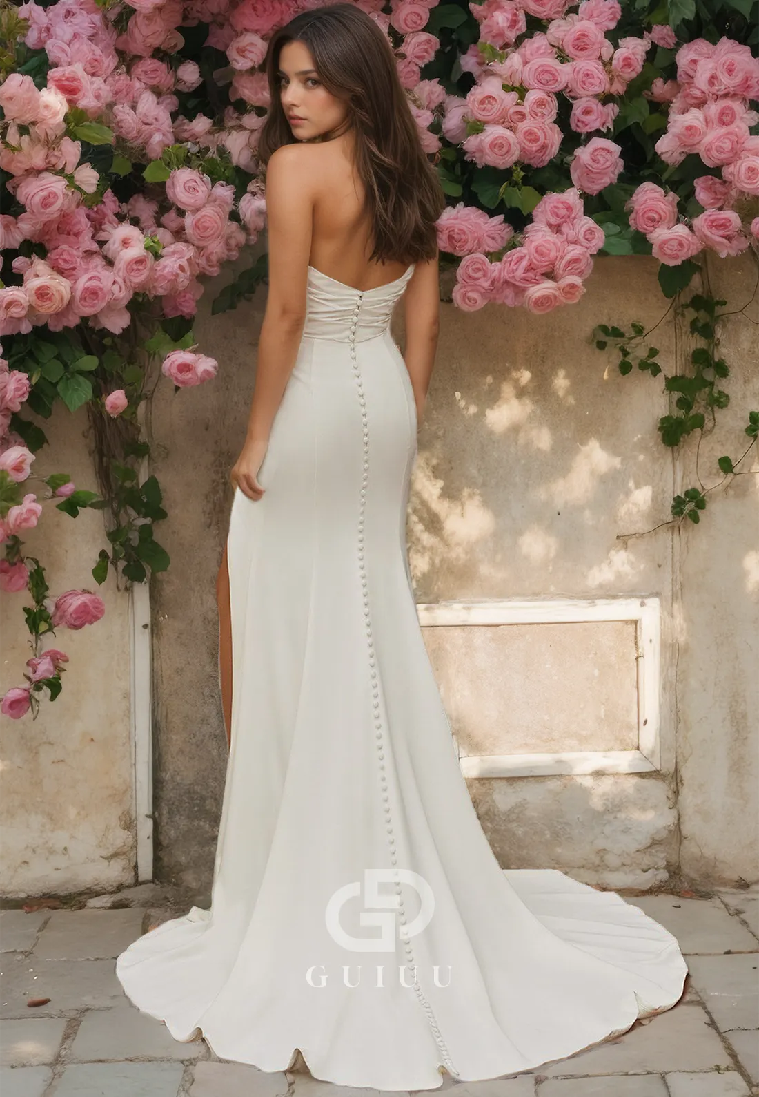 Ruched Sweetheart Sweep Train Sheath Simple Wedding Dress with High Slit