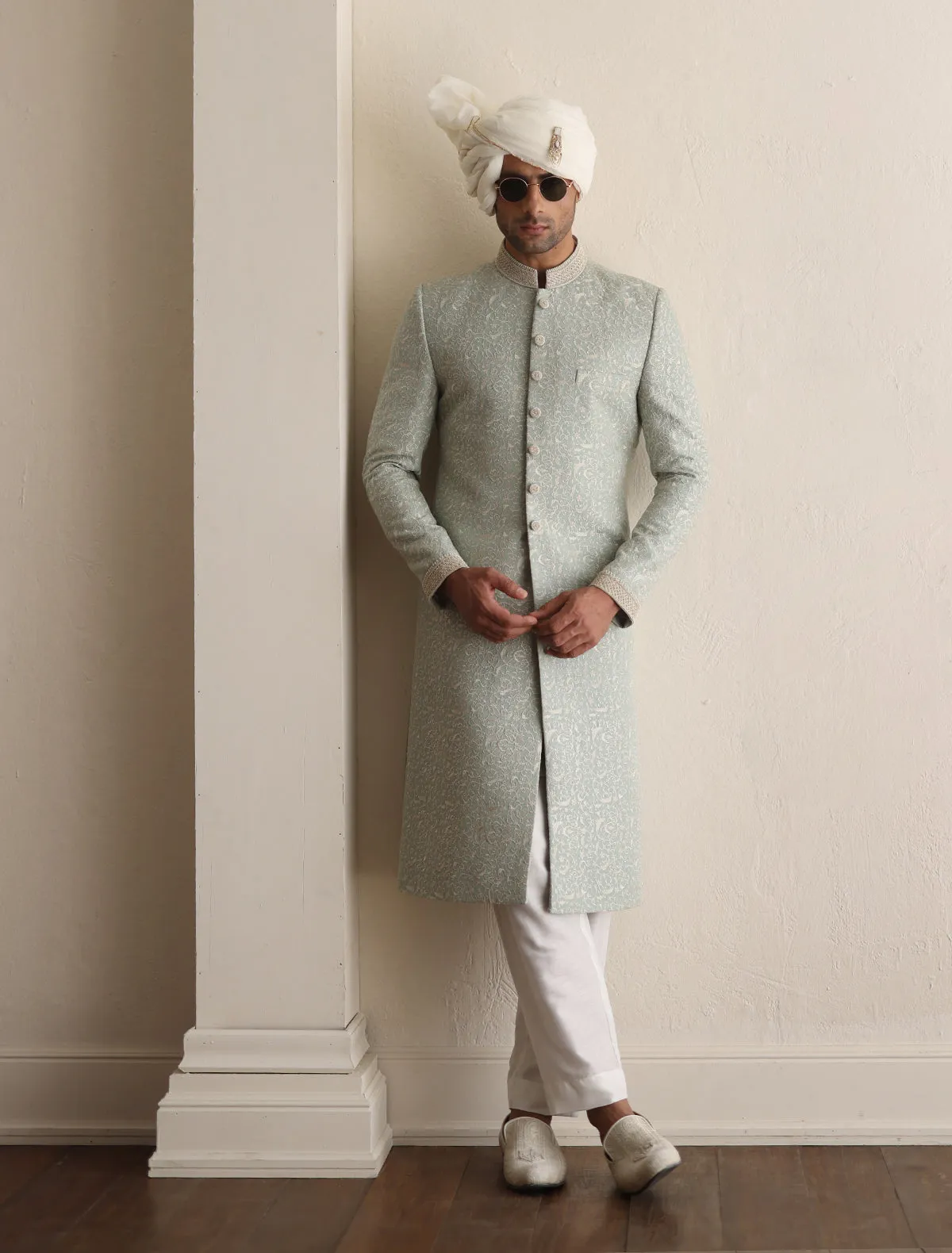 SEA FOAM INTRICATELY EMBROIDERED SHERWANI