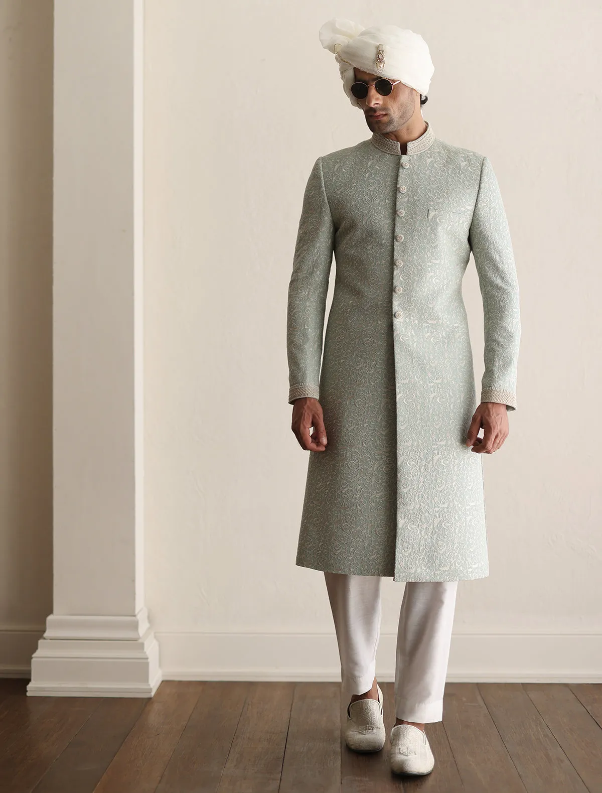 SEA FOAM INTRICATELY EMBROIDERED SHERWANI