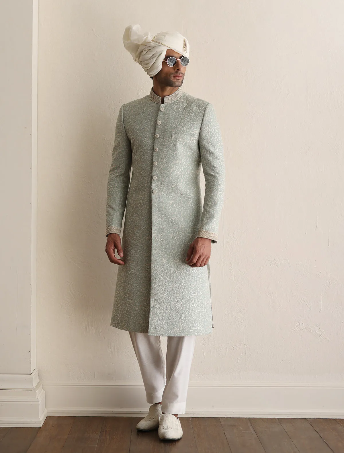 SEA FOAM INTRICATELY EMBROIDERED SHERWANI