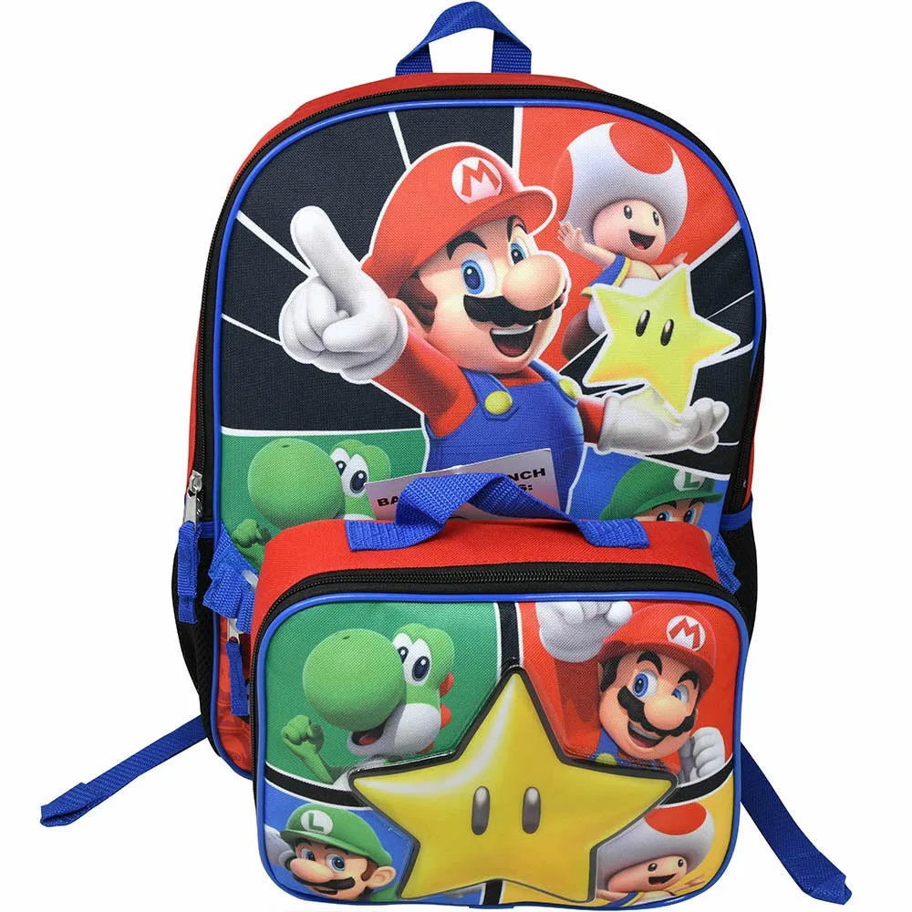 Super Mario Star 16 Inch School Backpack with Detachable Lunch Bag