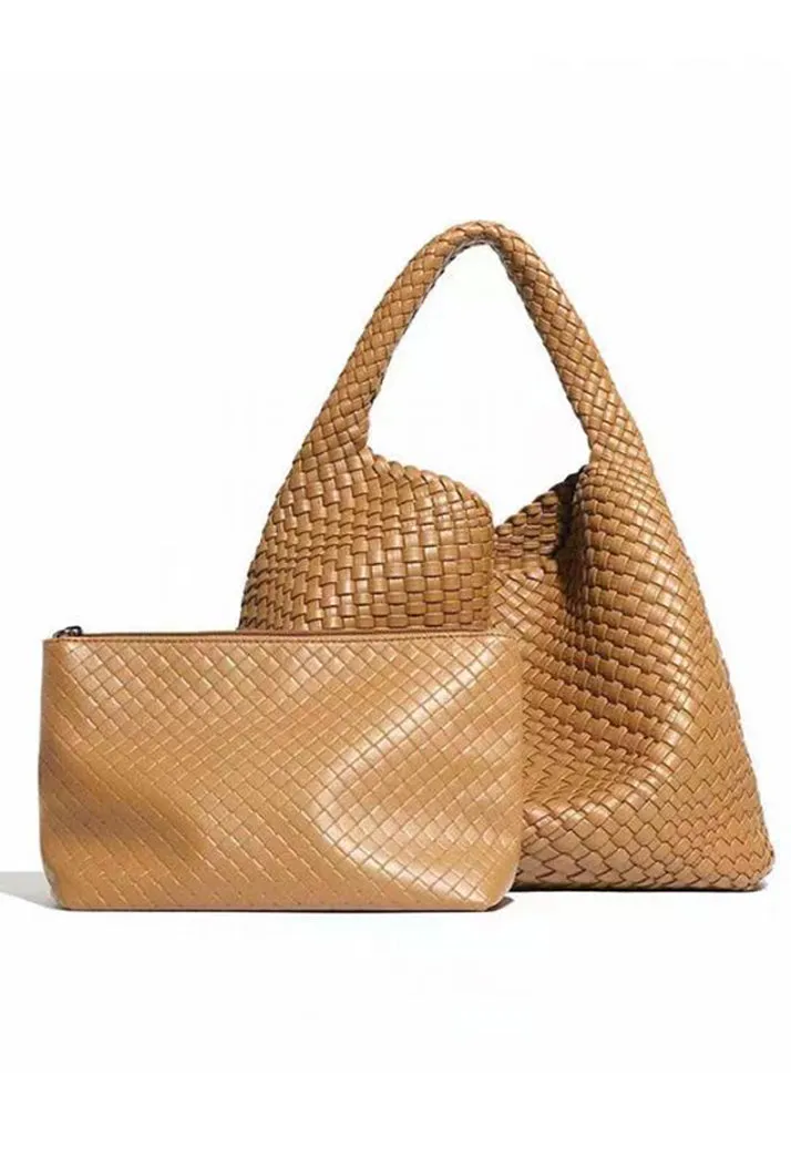 Tan Weave Two In One Shoulder Bag / Make Up Bag