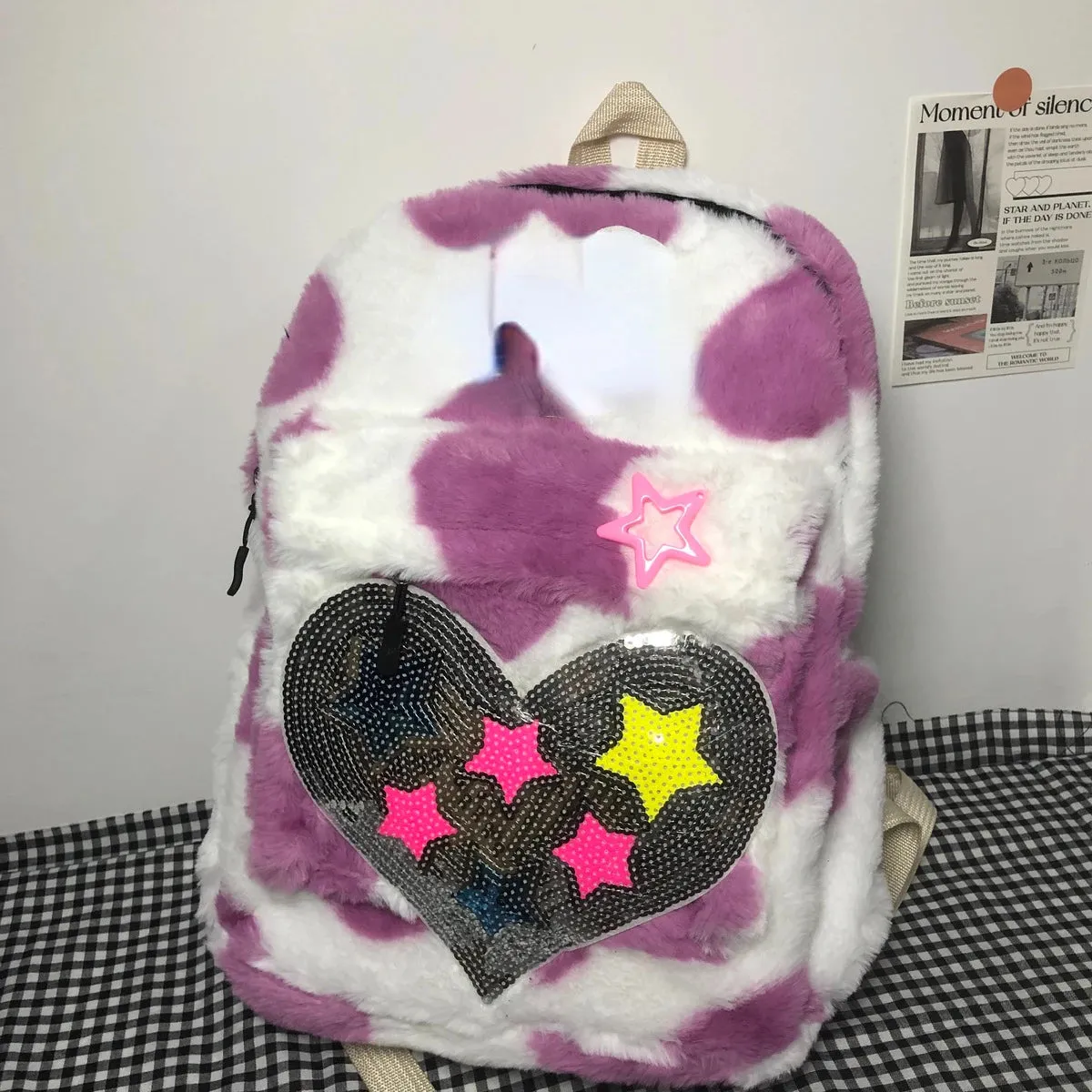 TAVIMART  -  Korean Fashion Leopard School Backpack for College Students Y2k Star Patchwork Aesthetic Cute Girl Backpack  All Match Mochilas