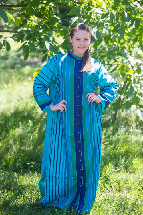 Teal Charming Collars Style Caftan in Multicolored Stripes Pattern