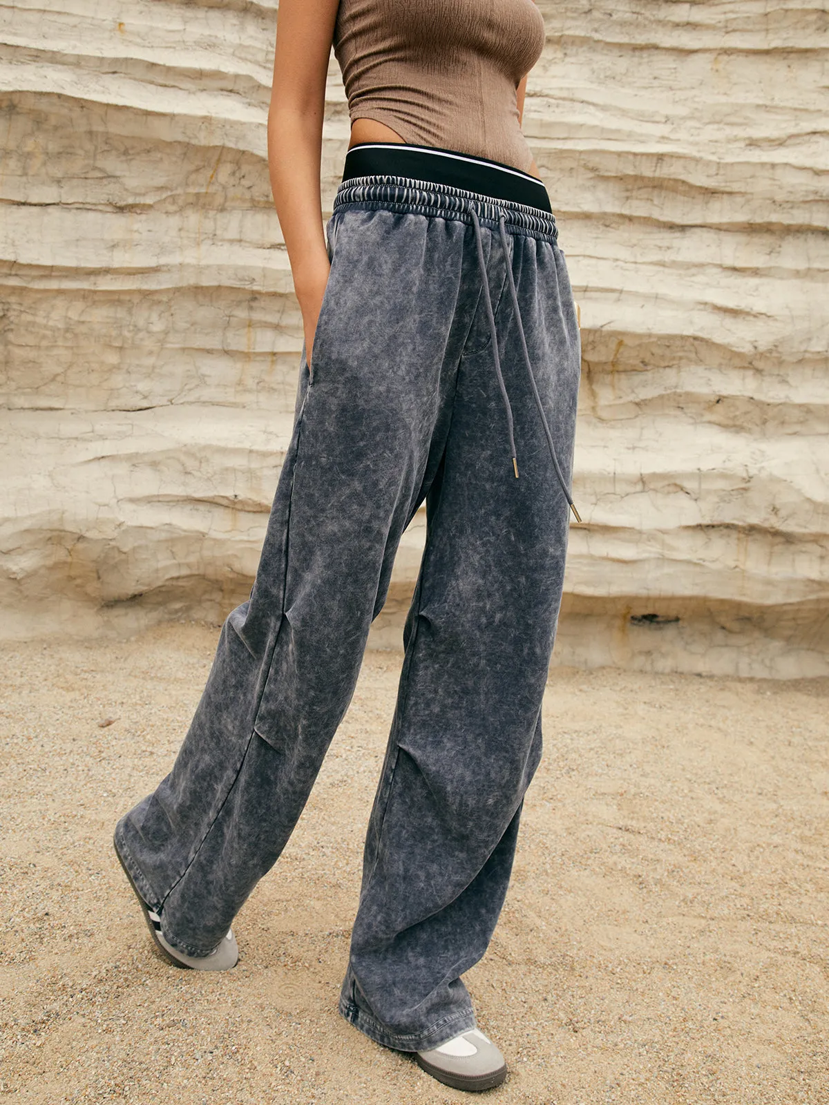 Washed Jersey Graceful Drawstring Elastic Sweatpants