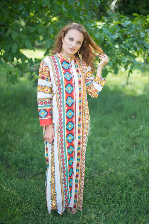 White Mustard Charming Collars Style Caftan in Aztec Geometric Pattern