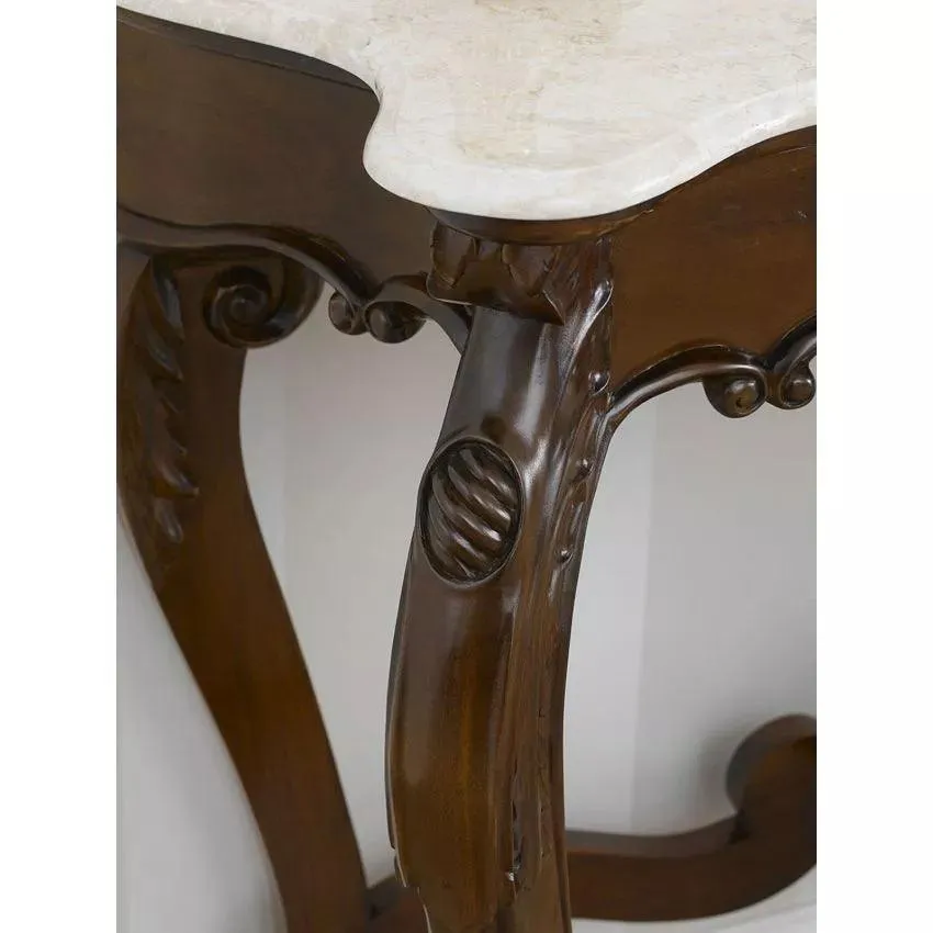 Wooden Twist Italian Baroque Style Hand Carved Teak Wood Console Table with Composite Marble Top