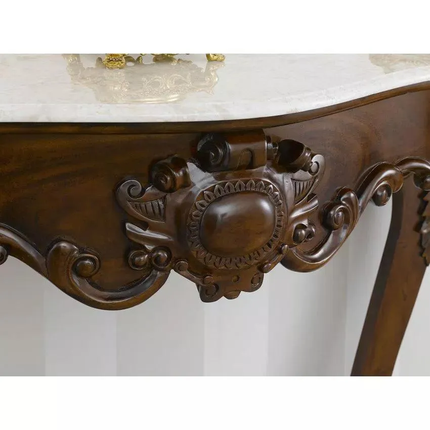 Wooden Twist Italian Baroque Style Hand Carved Teak Wood Console Table with Composite Marble Top