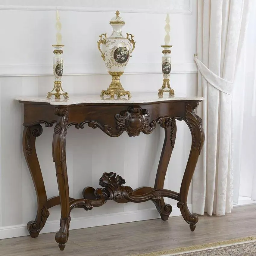 Wooden Twist Italian Baroque Style Hand Carved Teak Wood Console Table with Composite Marble Top