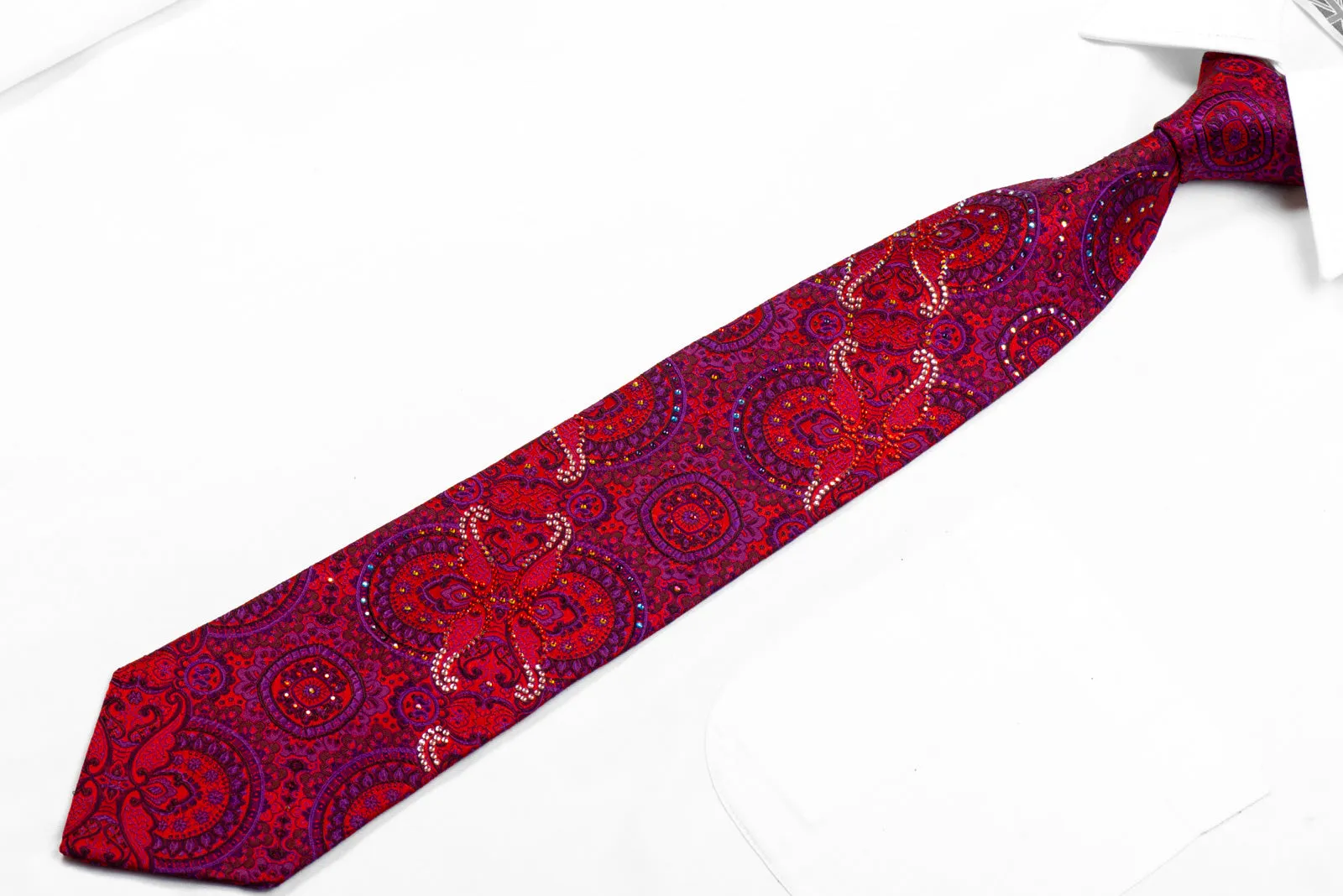 Yezak Rhinestone Silk Necktie Purple Anthemion On Burgundy