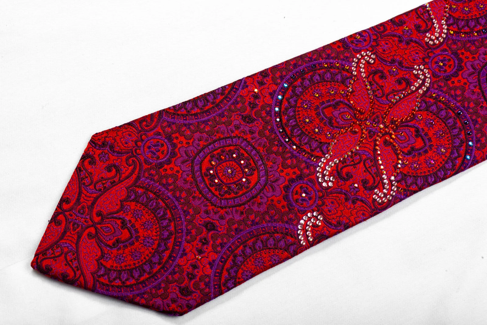 Yezak Rhinestone Silk Necktie Purple Anthemion On Burgundy