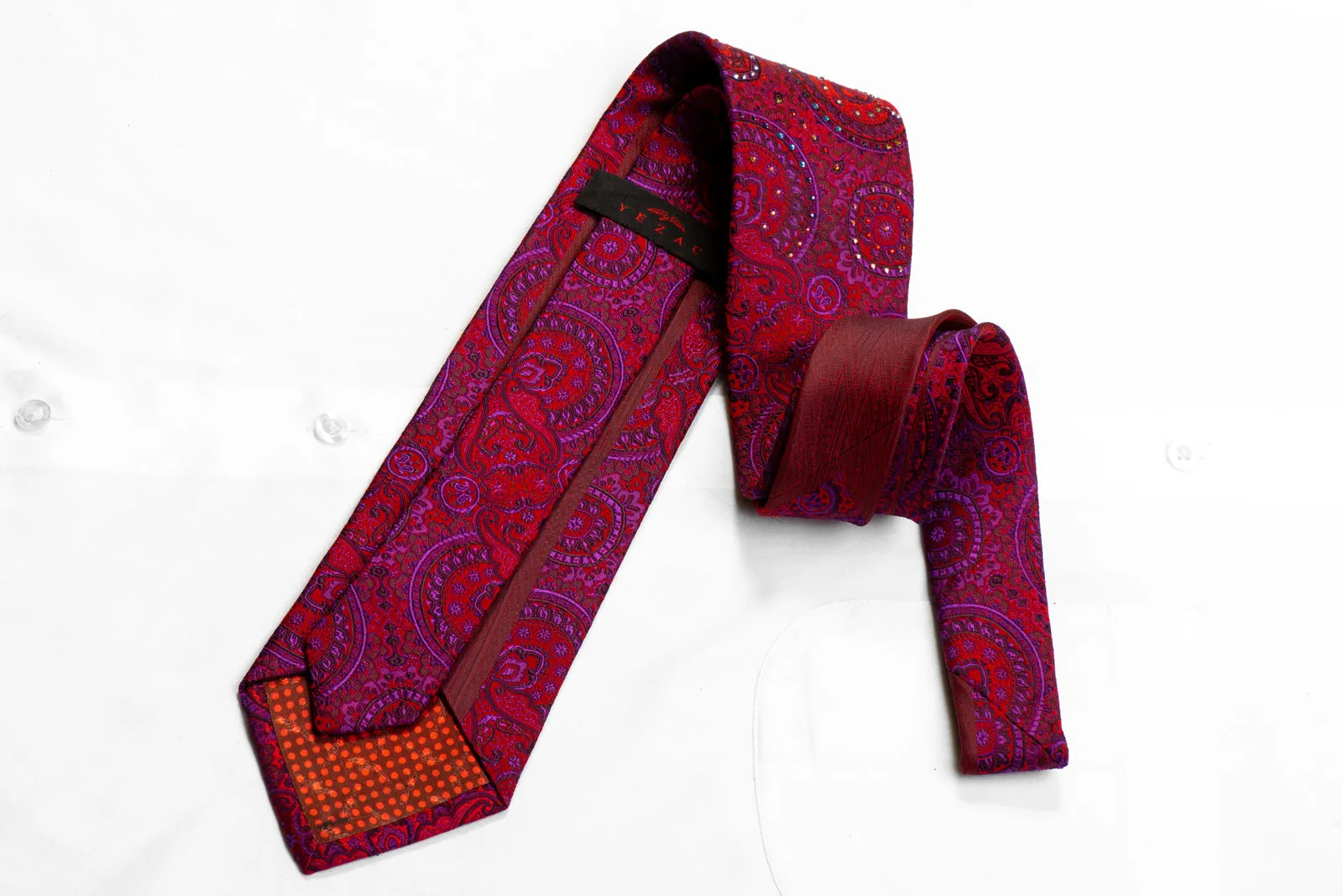 Yezak Rhinestone Silk Necktie Purple Anthemion On Burgundy