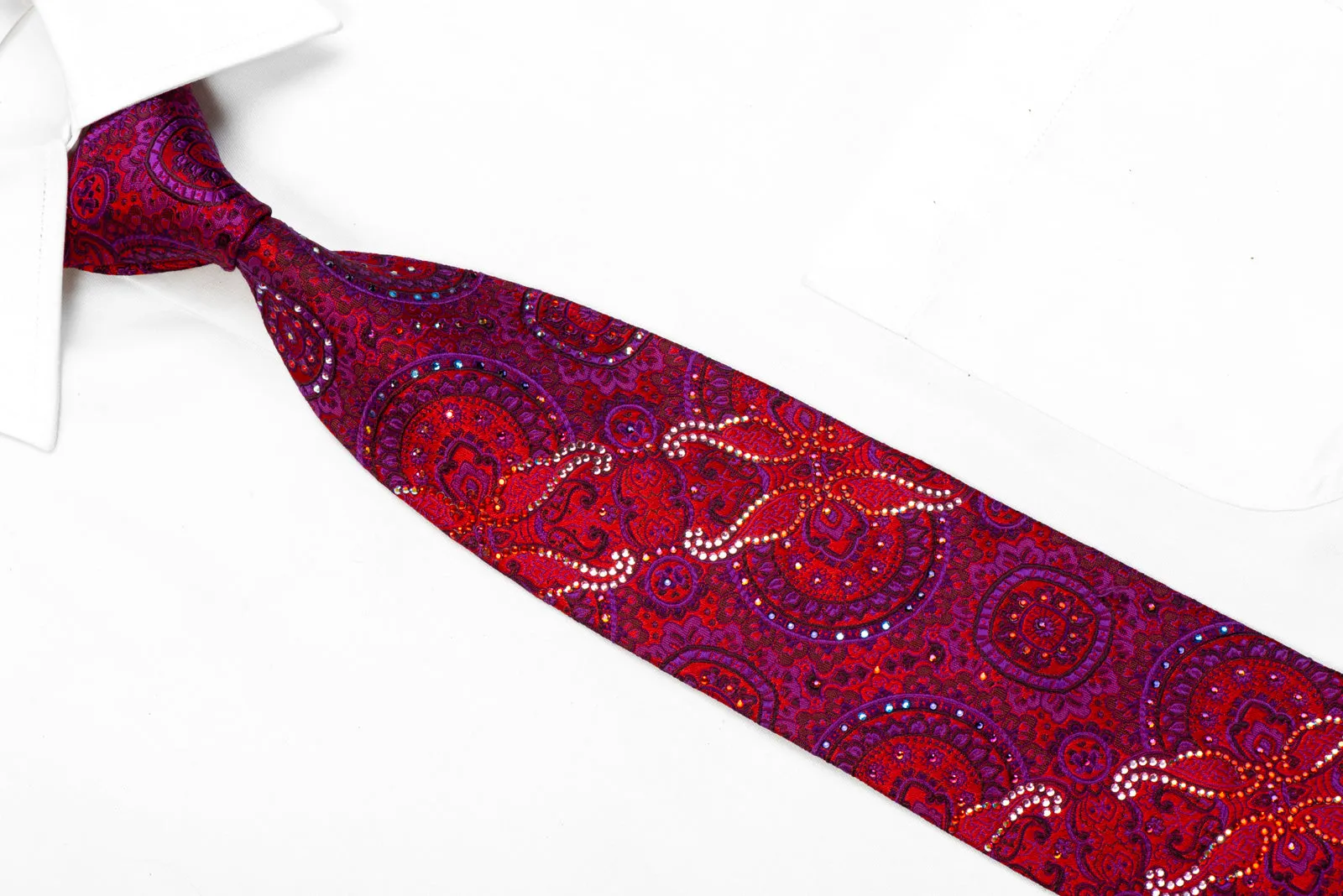 Yezak Rhinestone Silk Necktie Purple Anthemion On Burgundy